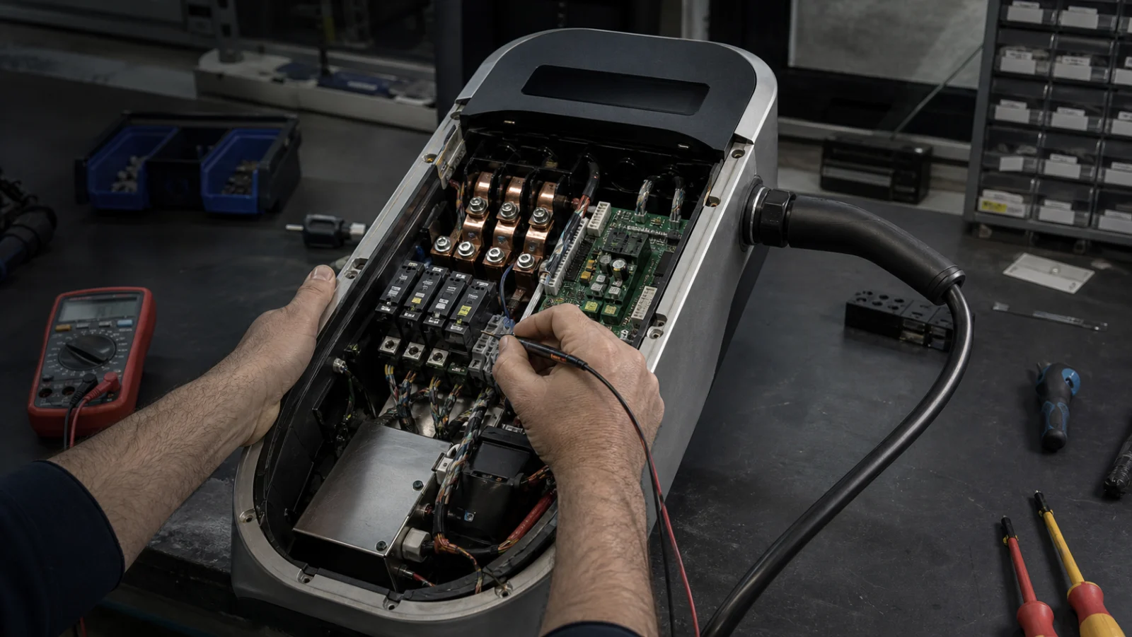 A Hyperinso engineer checking the electronic systems of a charger