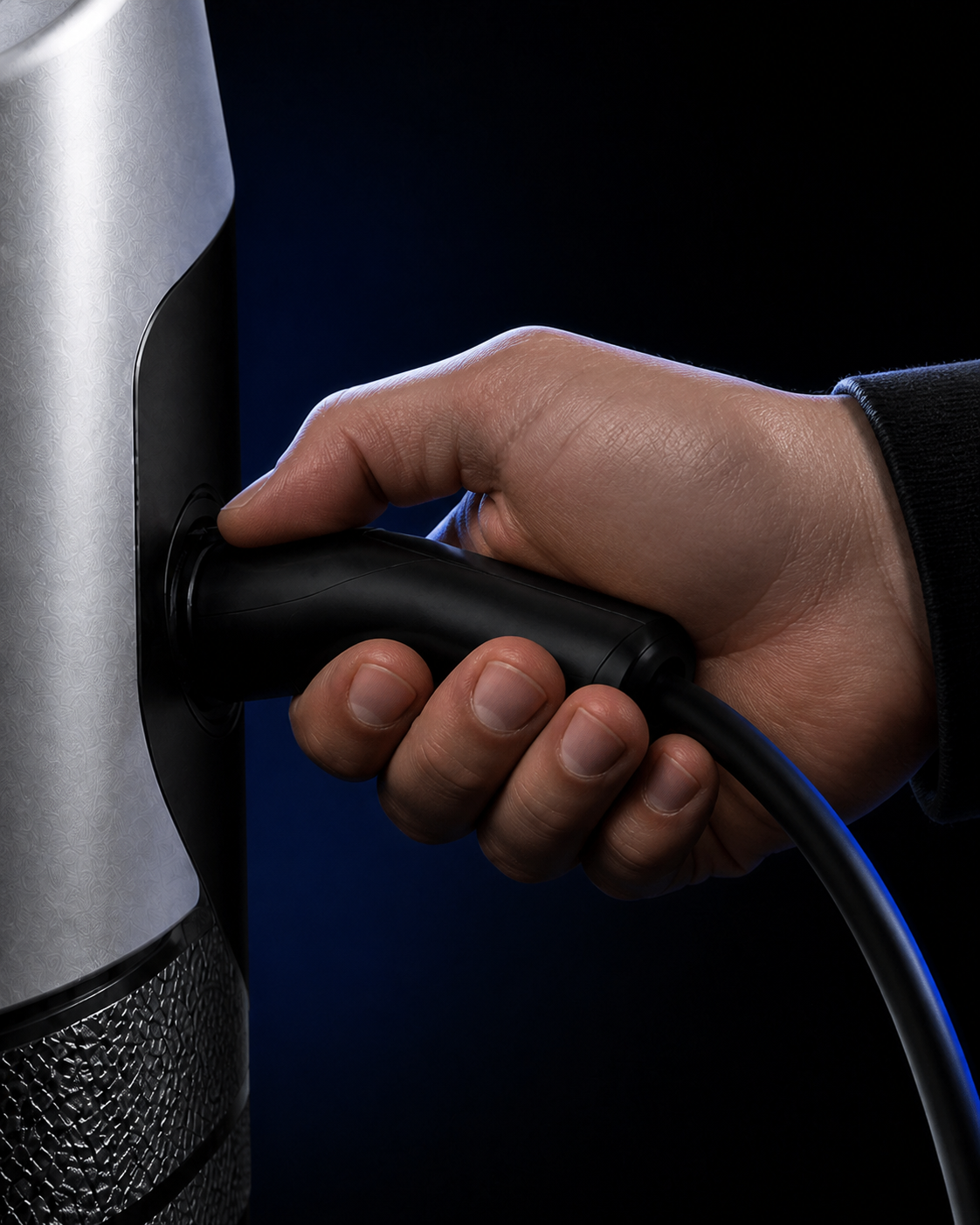 A hand gripping the Obsidian's connector in a dark studio
