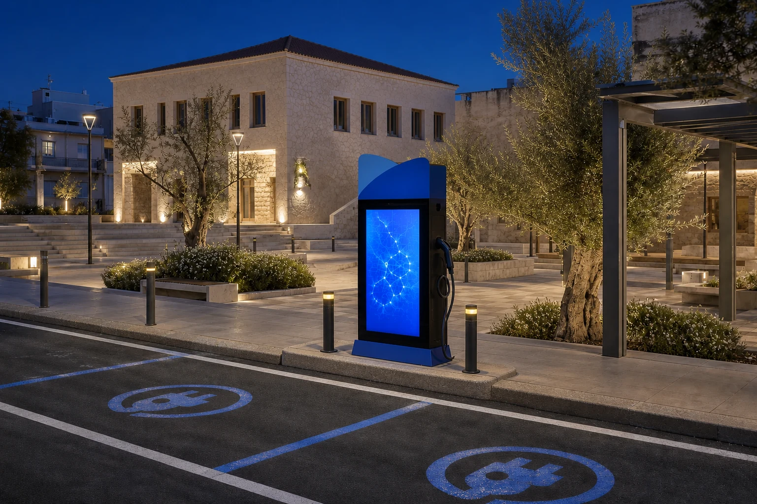 A visualization of a Hyperinso charging station in an upgraded Greek public space